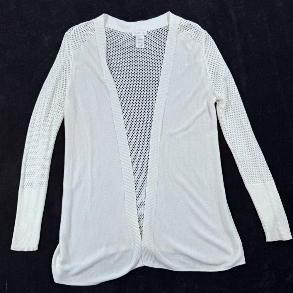 VTG Cache Womens Small White Mesh Knit Open Front Mesh Cardigan Rayon Sweater